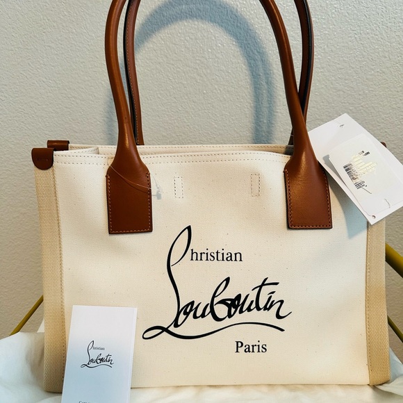 AUTHENTIC Christian Louboutin Small Nastroloubi Canvas Cream and Brown Tote Bag - Picture 7 of 13